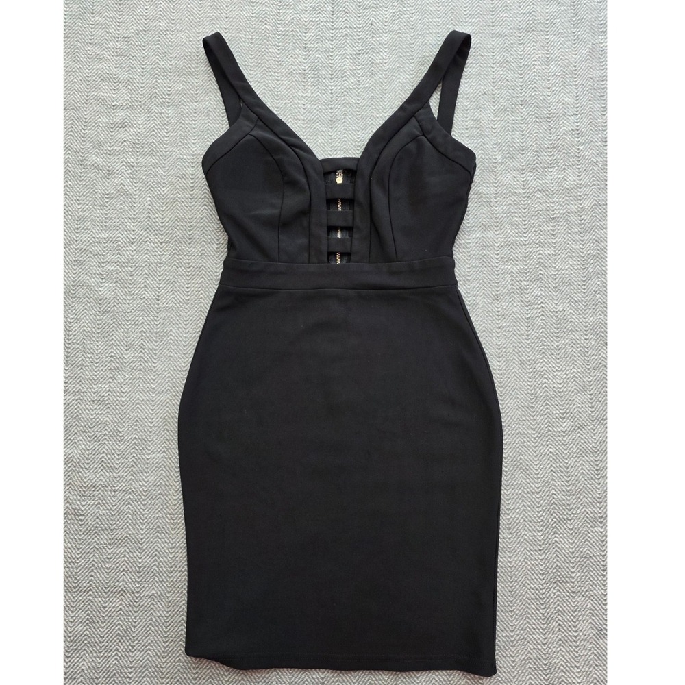 Black Caged Ladder Front Bodycon‎ Mini Dress Strappy Back Gold Zipper Sleeveless